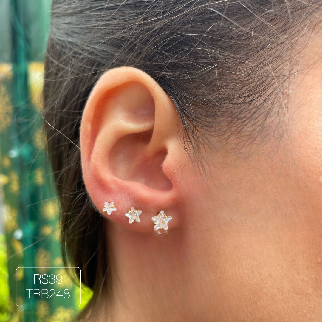 Trio de Brinco Ponto de Luz Estrela Cristal Dourado